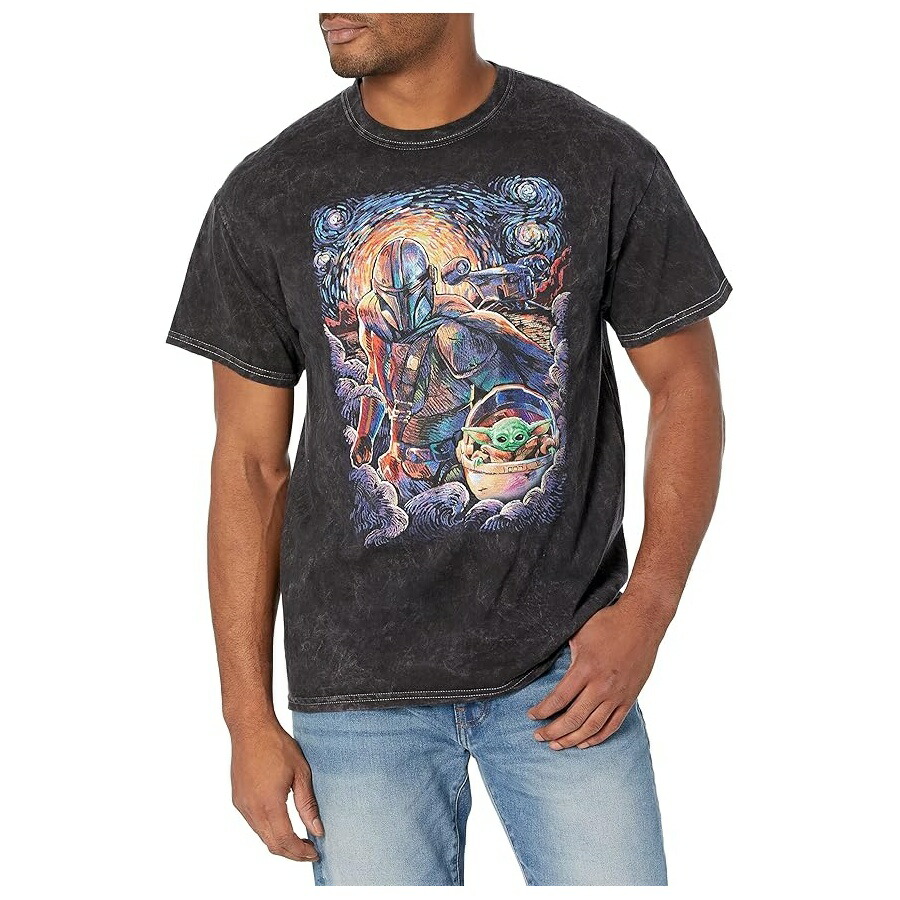 STAR WARS メンズ マンダロリアン & グローグー ザ チャイルド スターリー ナイト スタイル メンズ ウォッシュ T シャツ STAR WARS Mens the Mandalorian & the Child Starry Night Style Men's Wash T-Shirt｜i-selection