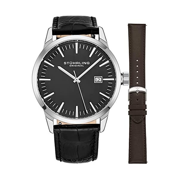 ストゥーリング オリジナル 腕時計 555AZ.02 クォーツ メンズ 男性用 レザー 本革 時計 ウォッチ Mens Minimalist Swiss Quartz Stainless Steel Dress Wrist-Watch, Quick-Set Date, 2 Easy-Interchangeable Leather Straps ? 555AZ Series