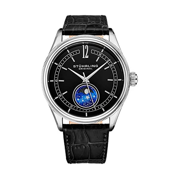 ストゥーリング 一風変わった ウオッチ Stuhrling Original 897.02 アナログ メンズ 成人男性用 なめし革 本革 時辰儀 ご覧なさる Stuhrling Original MoonPhase Dress Watch - Stainless Steel Case and Leather Band - Analog Dial - Celestia Mens Watches Collection