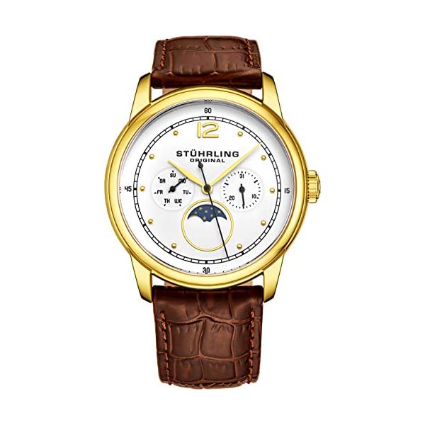 ストゥーリング オリジナル 腕時計 898.03 アナログ メンズ 男性用 レザー 本革 時計 ウォッチ Mens MoonPhase Dress Watch - Stainless Steel Case and Leather Band - Analog Dial with Day of The Week and Date Celestia Mens Watches Collection｜i-selection