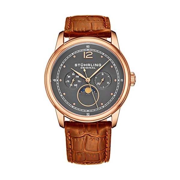 ストゥーリング オリジナル 腕時計 898.04 アナログ メンズ 男性用 レザー 本革 時計 ウォッチ Mens MoonPhase Dress Watch - Stainless Steel Case and Leather Band - Analog Dial with Day of The Week and Date Celestia Mens Watches Collection｜i-selection
