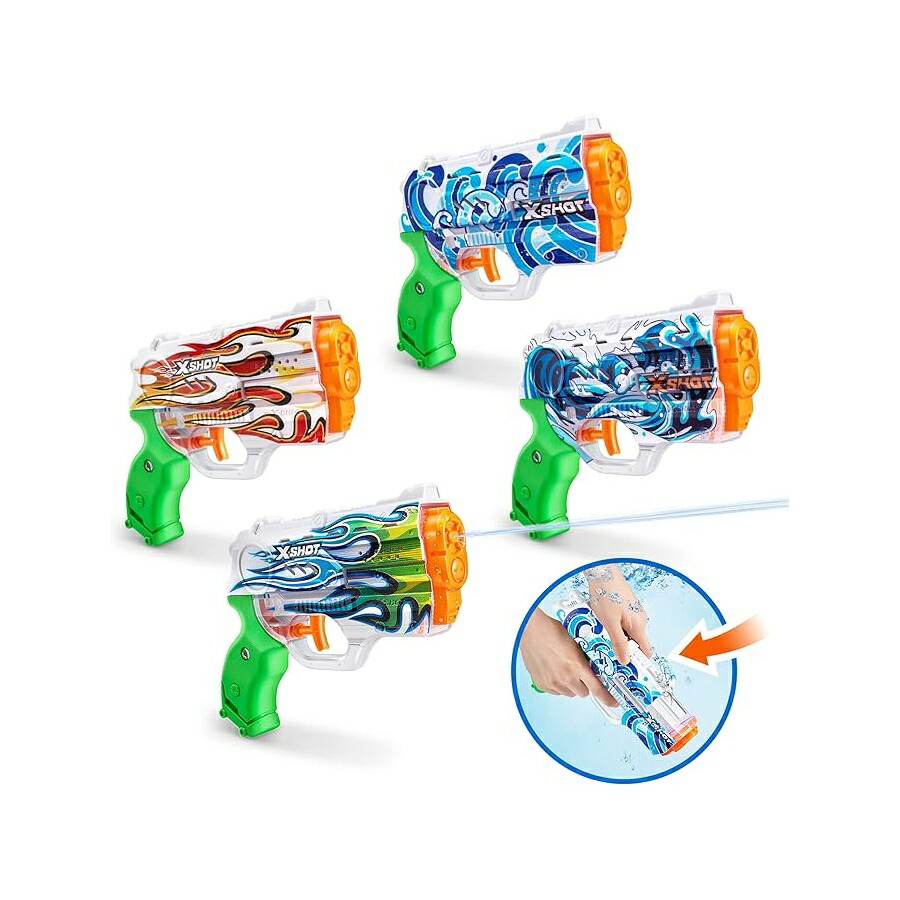 XSHOT お水 ファストフィル ひと肌 ナノ (4 容器に並べる) by ZURU リフレッシュ お水火器、XSHOT お水 手あそび、足し加える 4 つのブラジャーはやりっ児、わずか 1 秒で水を詰め直すします。 (ヒドラ、波、白炎、エメラルド炎) XSHOT Water Fast-Fill Skins Nano (4 Pack) by ZURU