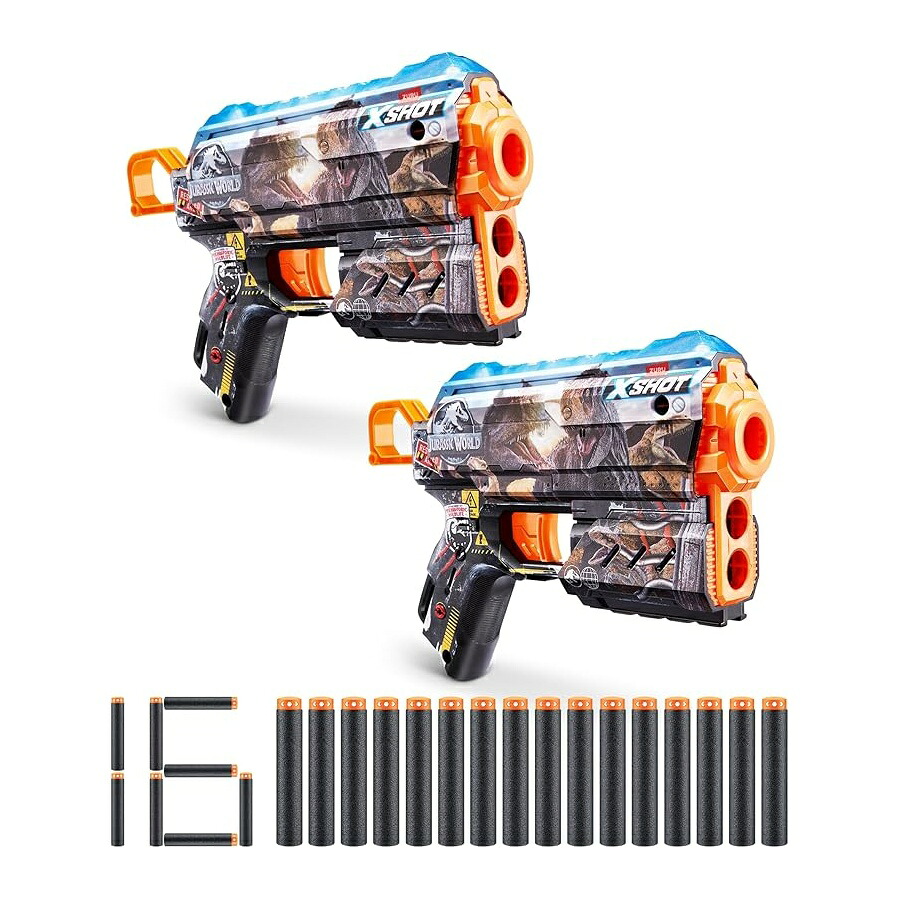 XSHOT ひと肌 流束 ブラジャーはやりっ児 - ジュラシック 世界 ひと肌 (2PK) ZURU ジュラシック 世界 ひと肌 ひな形 ダーツ 16 本、飾り気の無いリロード、エアポケット ダーツ 科学技術、ちびっ子、兄ちゃん、成年者向けの手あそびの質問用紙 ブラジャーはやりっ児付き添い人 XSHOT Skins Flux