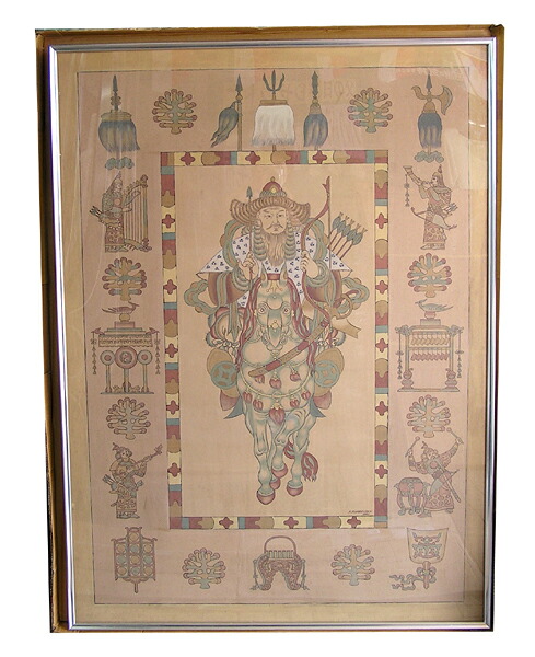 【モンゴル民芸品　絵画】白い国旗　チンギスハーンの歴史