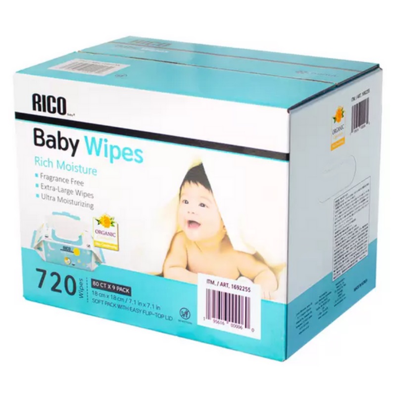 好きに RICO Baby ベビーワイプ 80枚×9パック 720枚 18cm×18cm 9個 おしりふき 赤ちゃん 用品 ウェットワイプ まとめ買い  大容量 リコ 韓国 コストコ 1692255