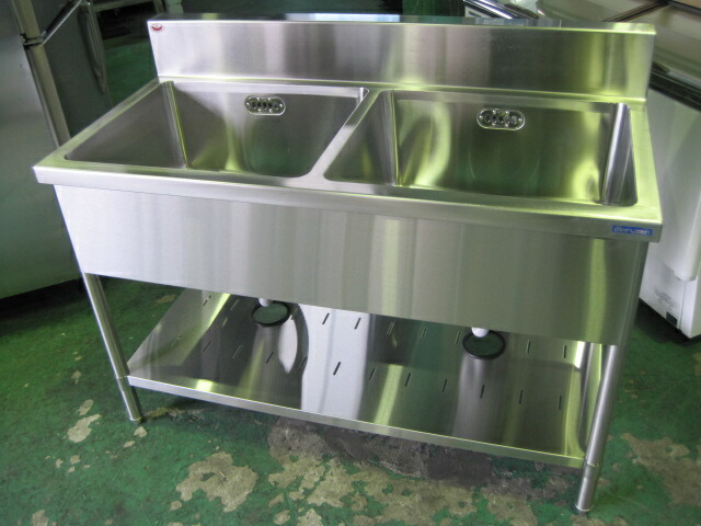 【中古】2槽シンク　C8344　BGあり(H150xD70mm)　［W1220xD600xH800mm］