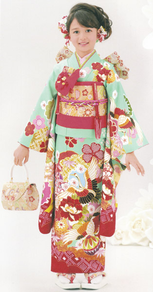 七五三御召しもの お嬢さん四ッ身 七歳 びゃくぐん(ペパーミント緑であること)色 花柄 ポリエステル ちびっ子御召しもの 日本製 貨物輸送無料