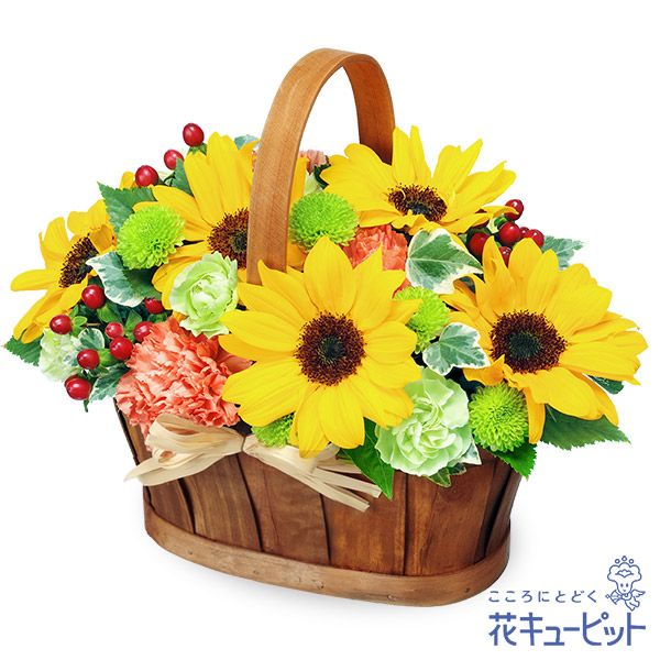 【父の日ギフト】花キューピット日付指定可 2026年 プレゼント ギフト お祝い 母の日 記念日 父親 祖父ひまわりのハーモニーバスケット（オレンジ）mh00-524043