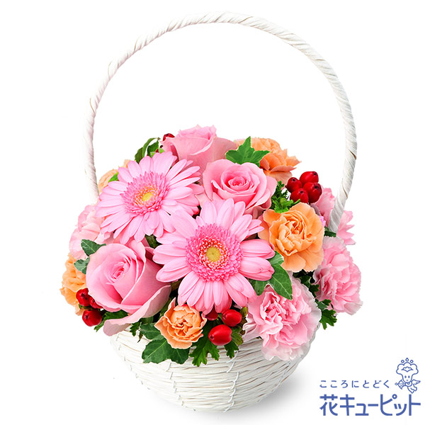 【誕生日フラワーギフト】花キューピット 花 誕生日 お祝い 記念日 プレゼント 彼氏彼女 夫婦 祖父母 友達 友人 ピンクバラとガーベラのナチュラルバスケットya00-525205