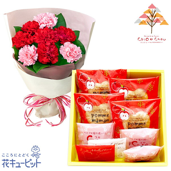 【母の日セットギフト】花キューピット お祝い 感謝 誕生日 祖母 義母 プレゼント カーネーションの花束（レッド）と【シュシュ】焼き菓子アソート 4種9個入mt03a118-a118521350