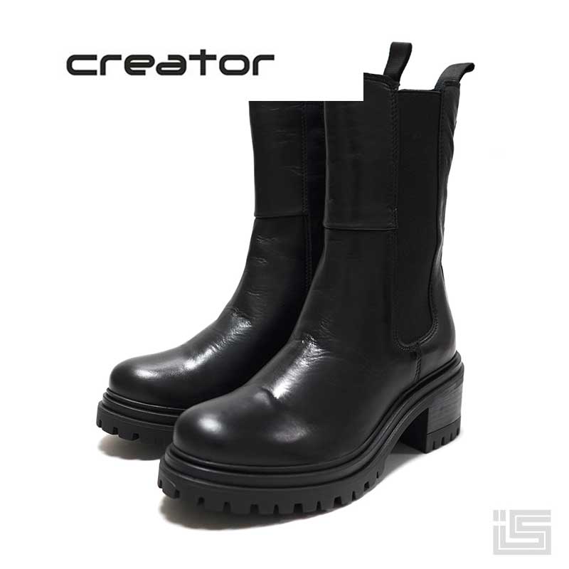 ◆ CREATOR クリエイター B-3294 Black ブラック 黒 長めのサイドゴア ショートブーツ インジップ 厚底 タンクソール レディース インポート ポルトガル【正規取扱品】 【24aw】|イバラキヤ