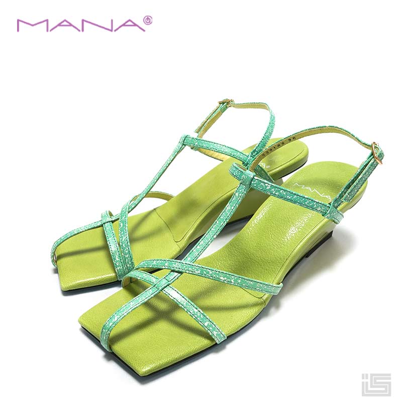 ■ MANA マナ 532163 Greenウェッジヒール・サンダル華奢サンダル ラインデザイン スクエアトゥ 6cm レディース 今西優子【23ss】レディースサンダル｜イバラキヤ