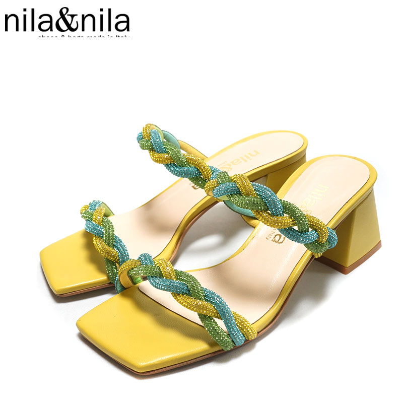 【楽天市場】 nila&nila ニラ アンド ニラCM573 Yellow キラキラ ミュール スクエアトゥ 5.5cm 台形ヒール