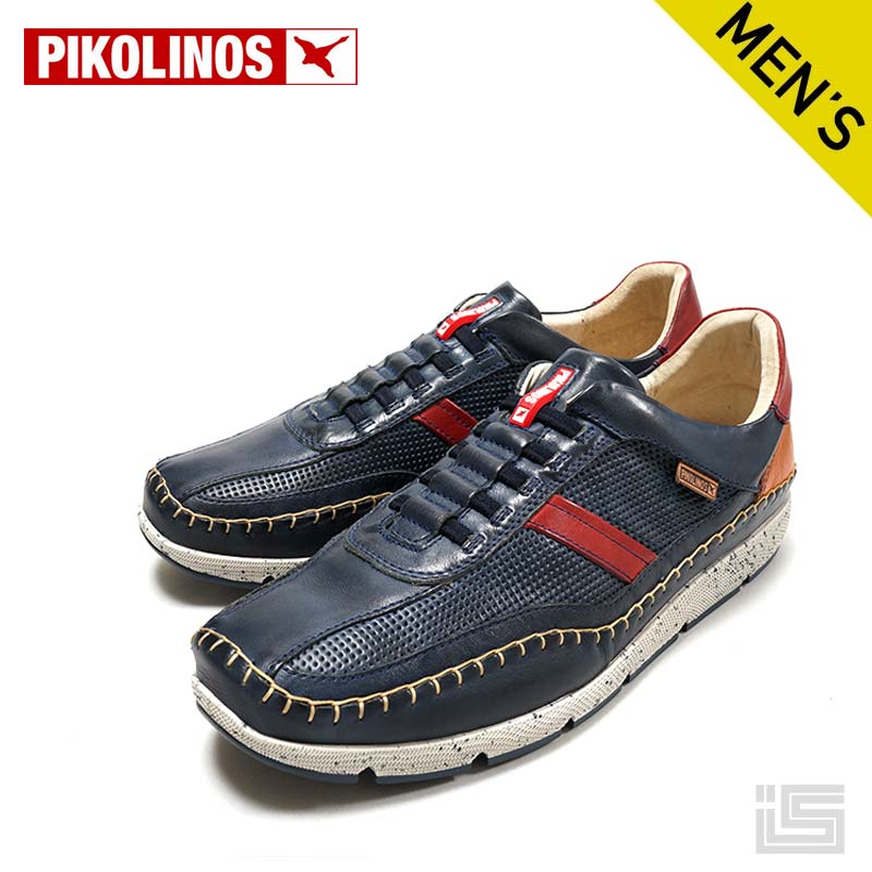 【 ReStock 】PIKOLINOS ピコリノス M4U-6046C1 FUENCARRAL BLUE ステッチデザイン 5アイレット ゴム平ひも スペインブランド レザースリッポン メンズスリッポン【正規品】【25ss】｜イバラキヤ