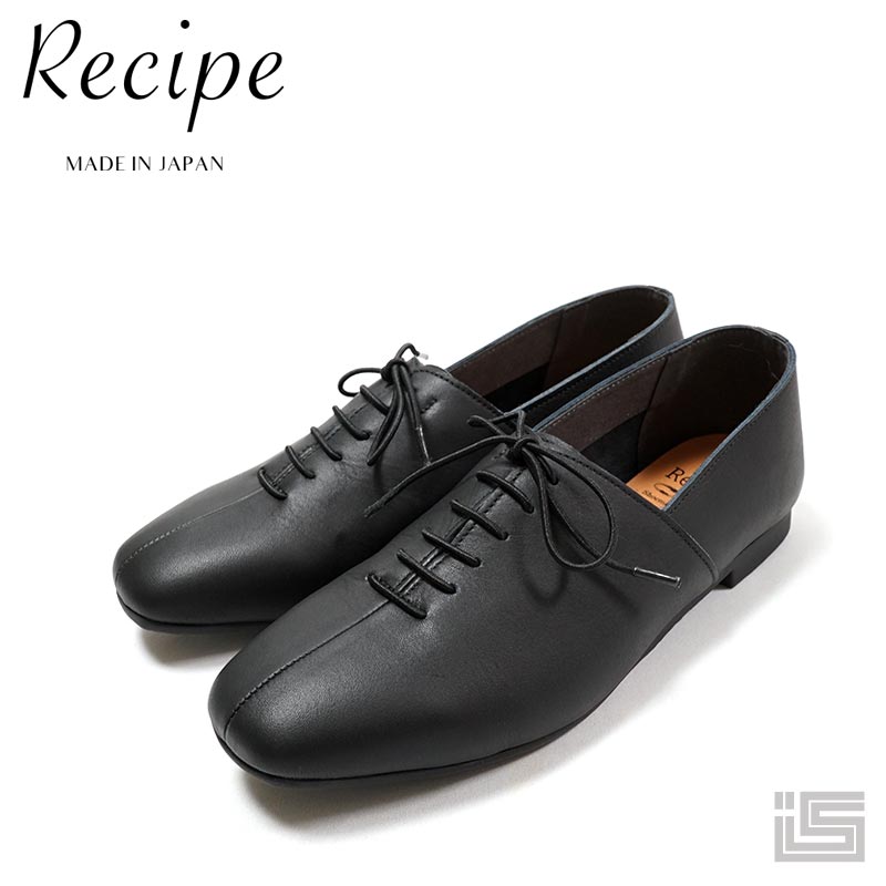 完売】 Recipe レシピRP-524 Black ブラック 黒ゴム紐レースアップシューズスクエアトゥがアクセントレディースシューズ 日本製  fucoa.cl