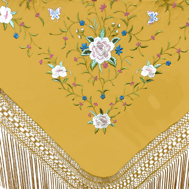 [新品特別カラー] シルク製マントン　カーキーx黒刺繍・ フリンジ黒 フラメンコ | マントン(四角形・大判) 大きな花の刺繍(手刺繍) 生地