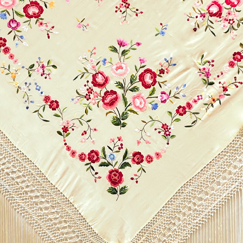 BF-26158　シルク刺繍マントン　ベージュ×多色【フラメンコ用品】ショール 発表会