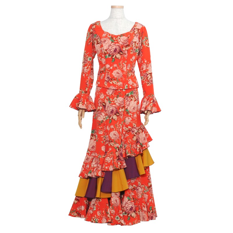 フラメンコ衣装　ツーピース　 イベリア 楽天市場】【現品】HOP-02 後ろ上がり5段フリルツーピース レッド花柄
