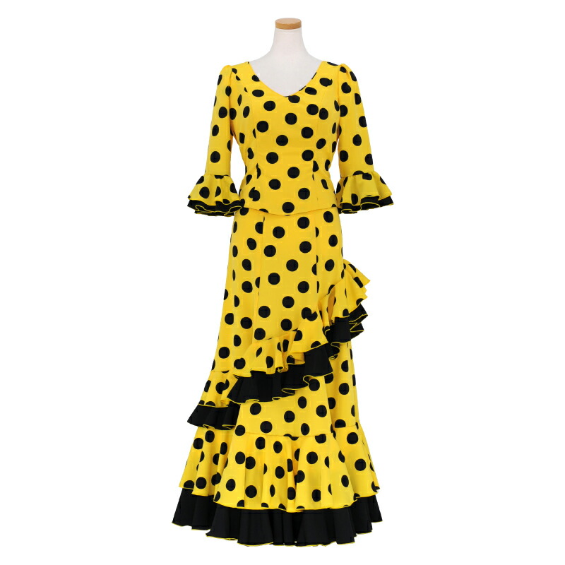 細身の七分袖、グリーン水玉3段フリルの踊りやすいフラメンコ衣装ツーピース！ 細身の七分袖、グリーン水玉3段フリルの踊りやすいフラメンコ衣装