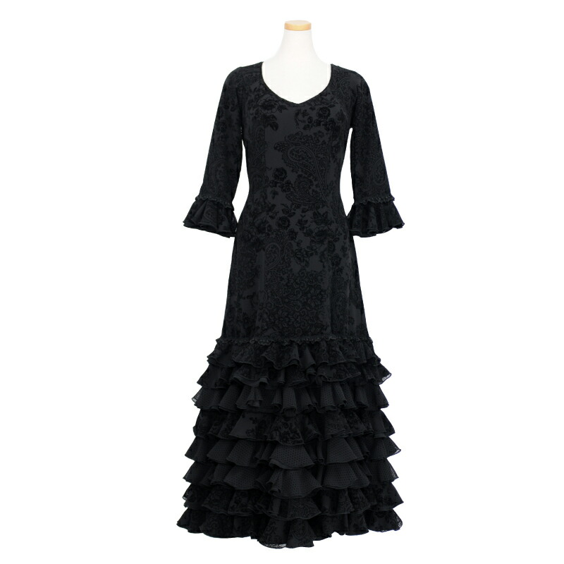 マンサニージャ フラメンコ 5段フリルワンピース ベルト付き 花柄 七分