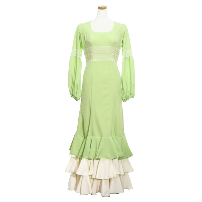 50周年記念特価l 140 オーダー可 Hp 19 レースリボン付き後上がり5段フリルワンピース グリーンイエロー 21v フラメンコ衣装 発表会 ドレス 群舞 Factor100 Co Il
