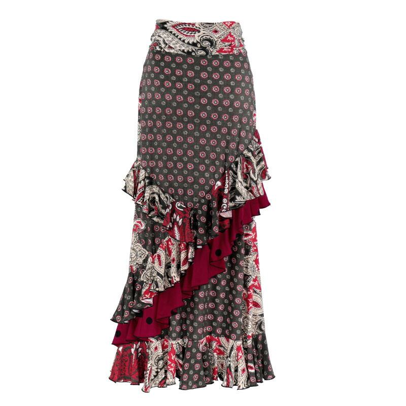 楽天市場】IF-1802 後ろ上がり4段フリルスカート ブラック×レッド