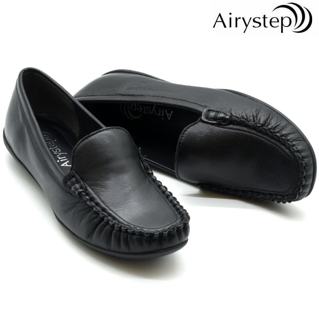エアリーステップ Airy step モカシン パンプス ぺたんこ 本革 レザー オフィス お仕事 レディース ブラック 黒 22-25 6339