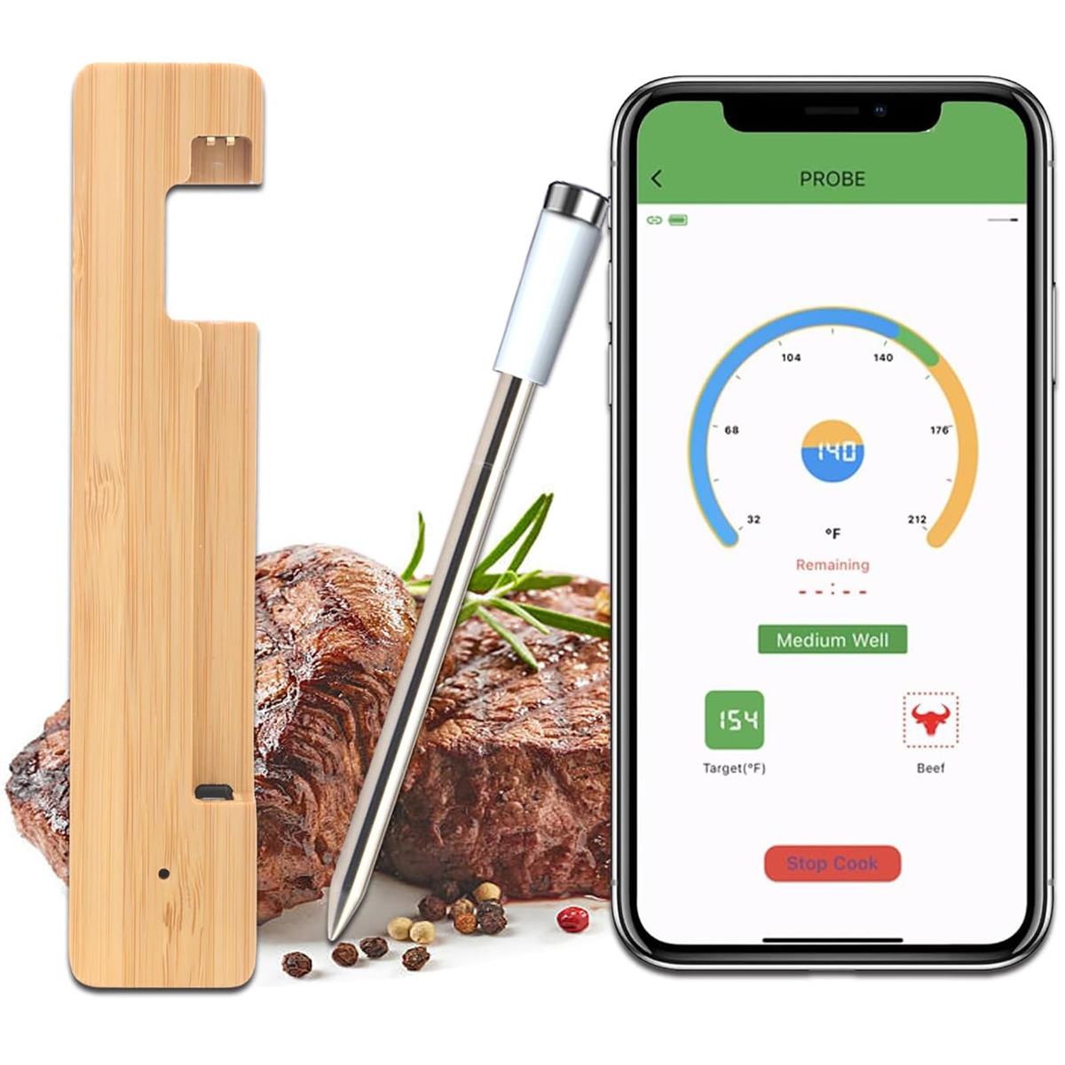 TEZILON スマート 肉温度計 料理 コードレス 通知アラート アプリ遠隔 304ステンレス鋼 セラミック耐熱プローブ 直火対応 IP68防水 充電ベース付き フッド温度計 調理 高精度 クッキング/バーベキュー/オーブン/グリル/スモーカー/エアフライヤー キッチン用 Android＆iOS対