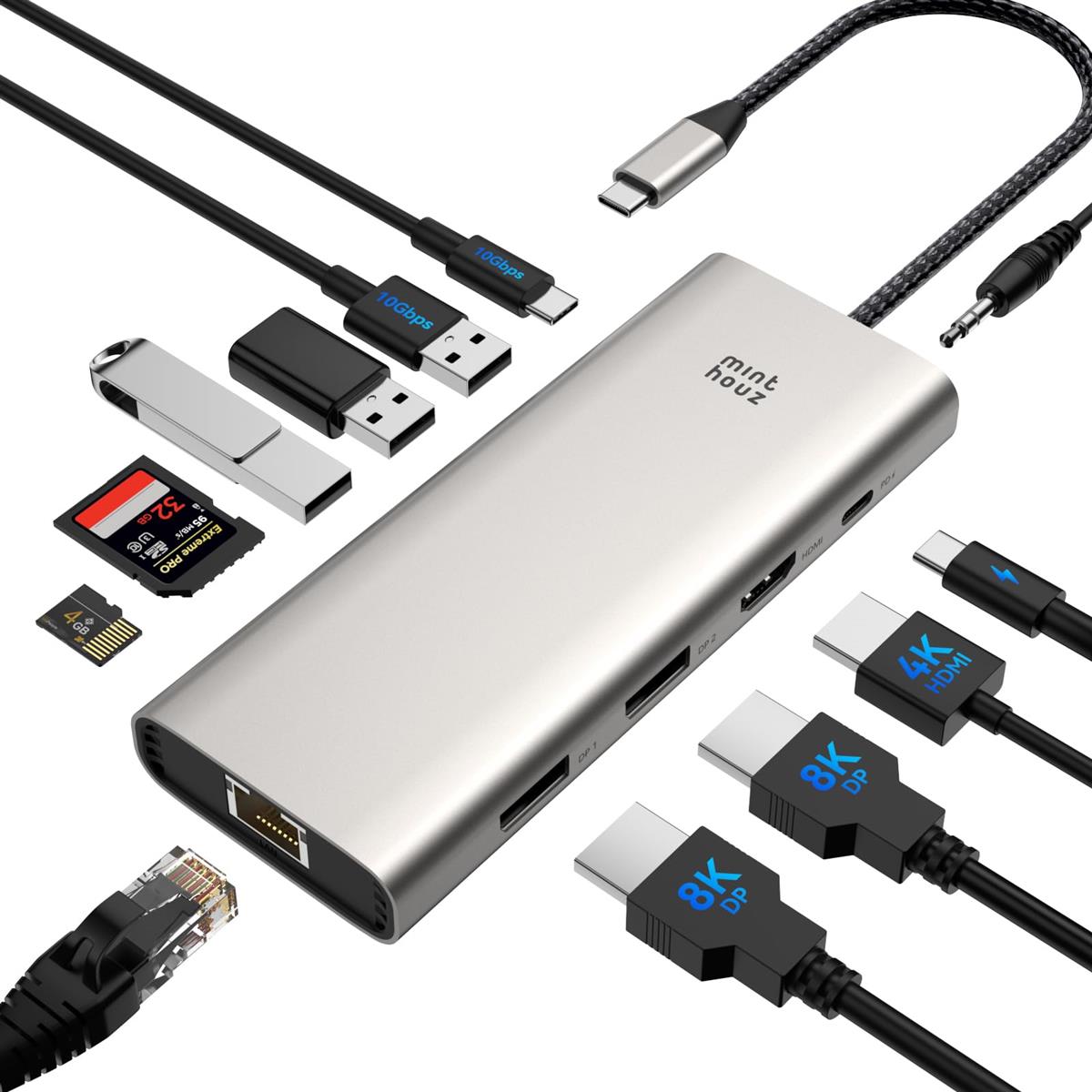 usb ドッキングステーション type-c ハブ hdmi 拡張 usb-c hub ドッキングステーション 3画面出力 マルチモニター hdmi マルチディスプレイ 3画面 thunderbolt ハブ HDMI+2*DP 8K/4K@144Hz 三画面出力 PD 100W 2.5G lan/SD/TF USB C 10Gbps MacBook Dell HP Lenovoに対応
