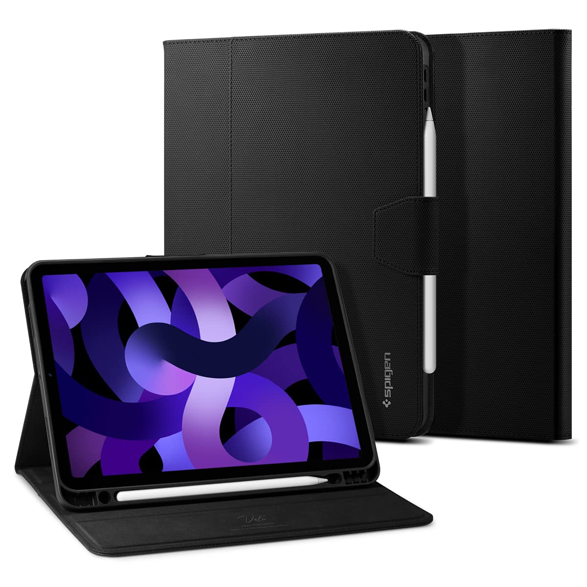 Spigen iPad Air 11インチ ケース M3/M2 (2025/2024年) iPad Air 10.9インチ ケース (2022/2020年) スタンド Apple Pencil収納 Pencilホルダー付き 留め具付き 角度調節可能 フォリオシリーズ リキッド・エアーフォリオ ACS02246 (ブラック)