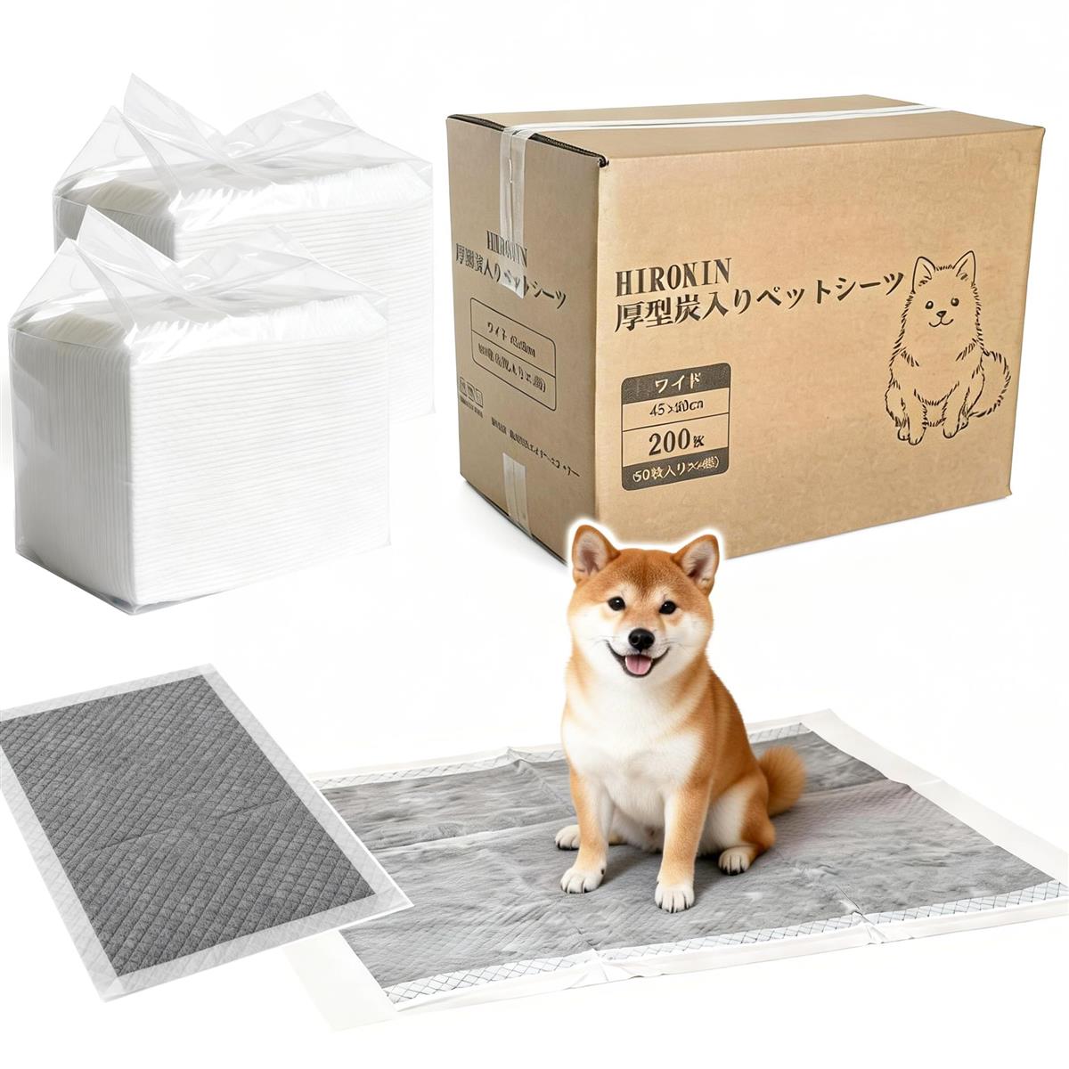 HIROKIN 愛玩動物敷き妙 厚型 炭入り口・入口 炭素 消臭 60×45糎 (200枚, 広広とした) 大電気容量