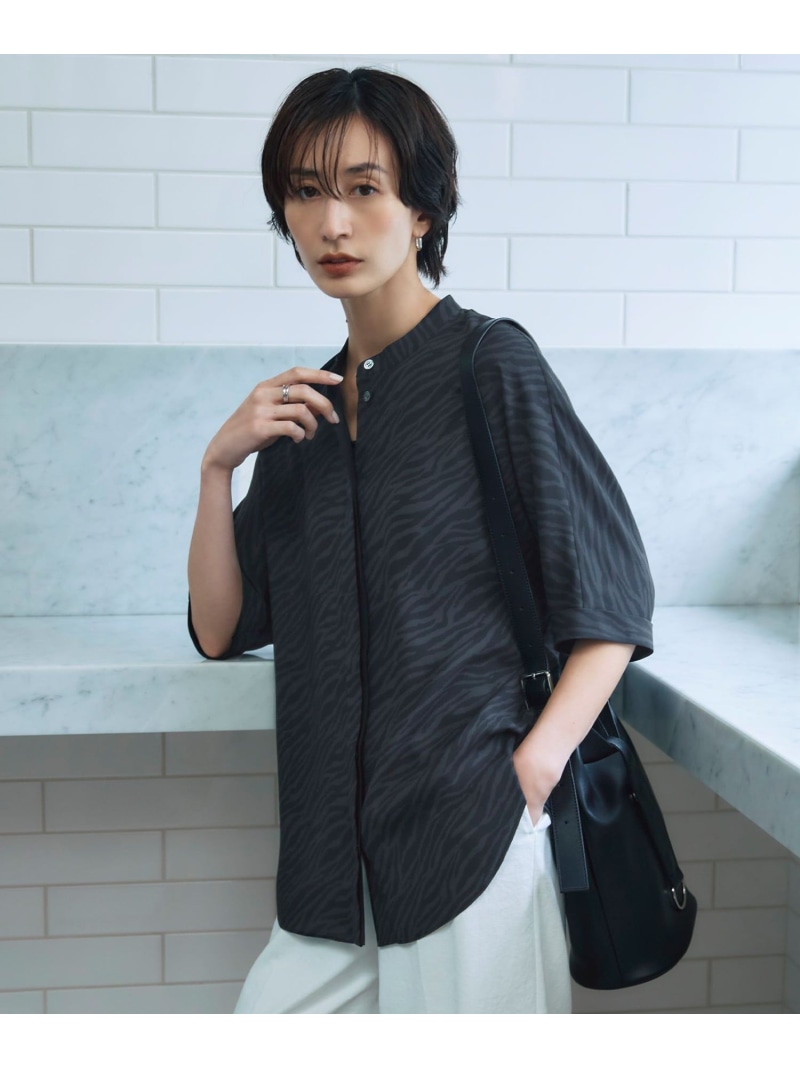 【人気のため新色追加・接触冷感・UVケア・速乾・洗える】BackSatinAmunzen 5分袖バンドカラーブラウス ICB L アイシービー トップス シャツ・ブラウス ブラック ネイビー ホワイト ブルー グレー ピンク ブラウン【送料無料】[ Fashion]