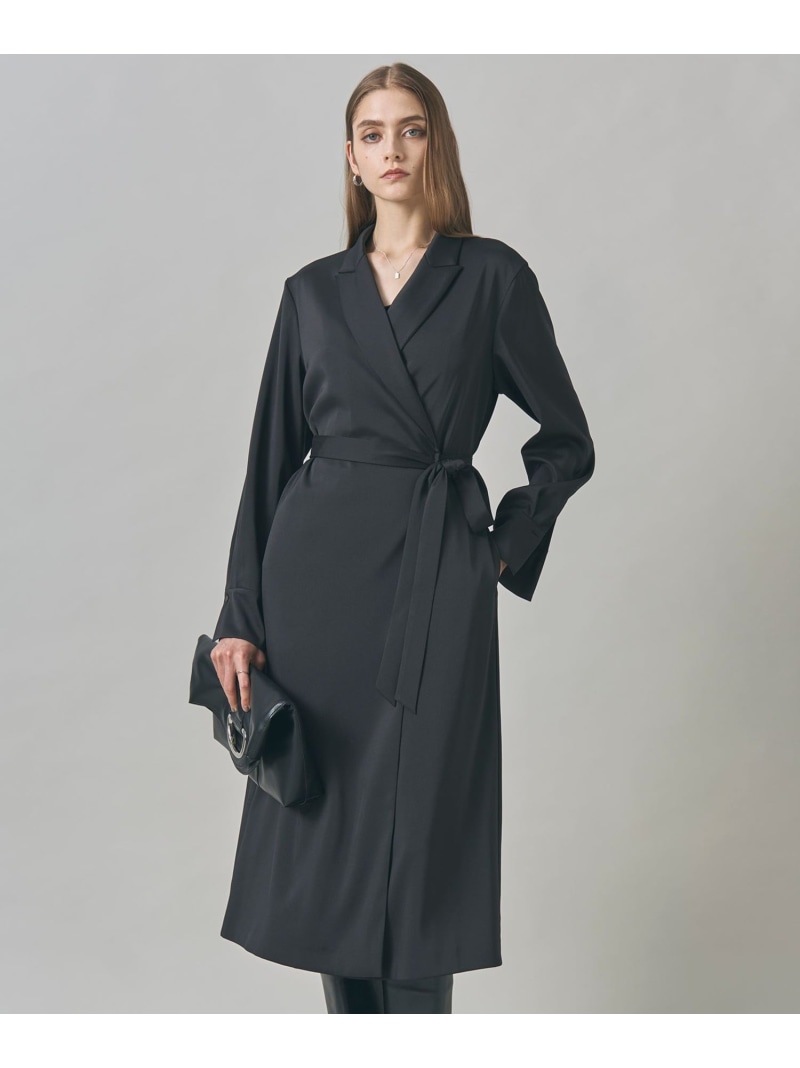 【SALE／50%OFF】【洗える】ストレッチダブルサテン テーラーカラー ラップワンピース ICB L アイシービー ワンピース・ドレス ワンピース ブラック【RBA_E】【送料無料】[ Fashion]