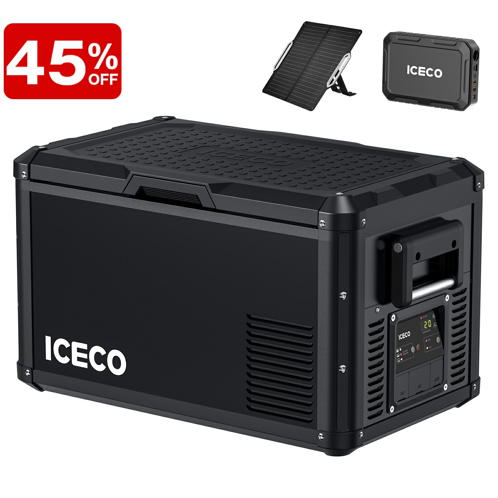 【LINEクーポン併用で最大53%OFF！】ICECO VL35ProS ポータブル冷蔵庫+バッテリー+ソーラーパネル セット 35L -18℃～10℃ 5年品質保証 急速冷凍 車載冷蔵庫 大容量 低動作音 3WAY電源対応 両開きフタ USBポート*2 DC12V/24V AC100V 家 車中泊 アウトドア キャンプ アイスコ 75,174円