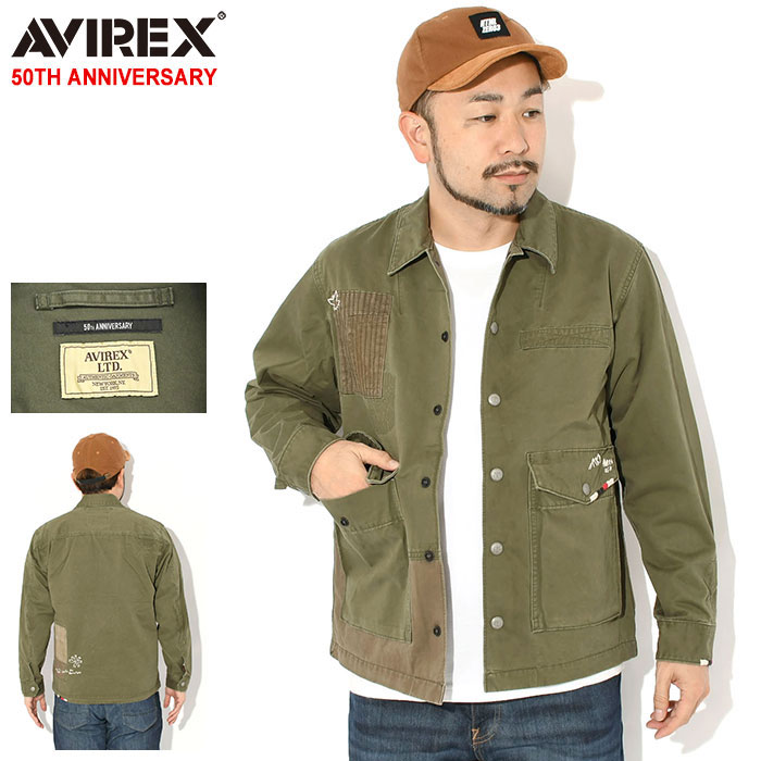 【ポイント10倍】アビレックス AVIREX ジャケット メンズ リペア カスタム アンド EMB ユーティリティー シャツ ( AVIREX Repair Custom & EMB Utility Shirt JKT 50TH ANNIVERSARY 50周年記念 シャツジャケット JACKET アウター アヴィレックス 7835220015 )