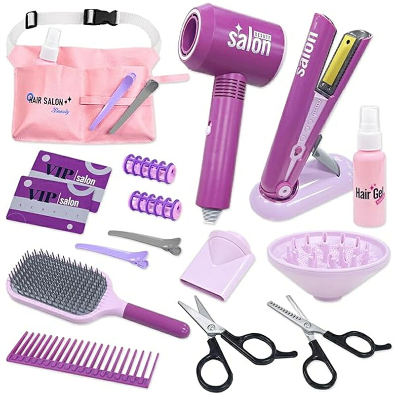 【送料無料】おままごと 美容師おもちゃ ヘアメイク ヘアサロン なりきり お店屋さんセット ドライヤー ヘアアイロン シザーバッグ くし メイク道具 17点 美容師さん ごっこ遊び クリスマス プレゼント おもちゃ むらさき