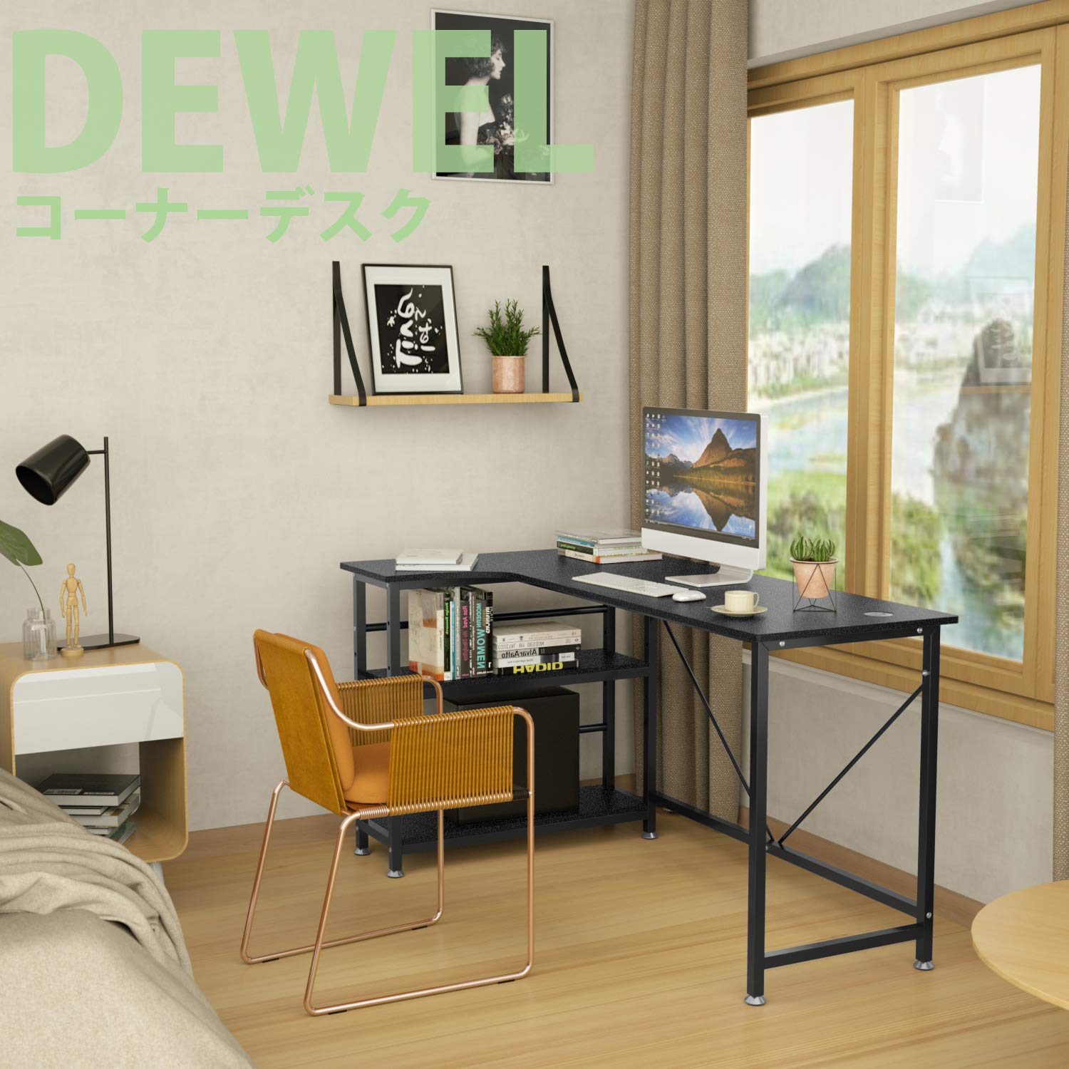 ♪LINE友達限定クーポン♪コーナーデスク L字型 幅140cm DEWEL パソコンデスク テレワーク用 ラック 付き 二段階収納 木製 L字デスク 収納棚 アジャスタ オフィス PC ワーク デスク 事務 机 木目柄 勉強机 省スペース グラつき防止 シンプル メラミン加工