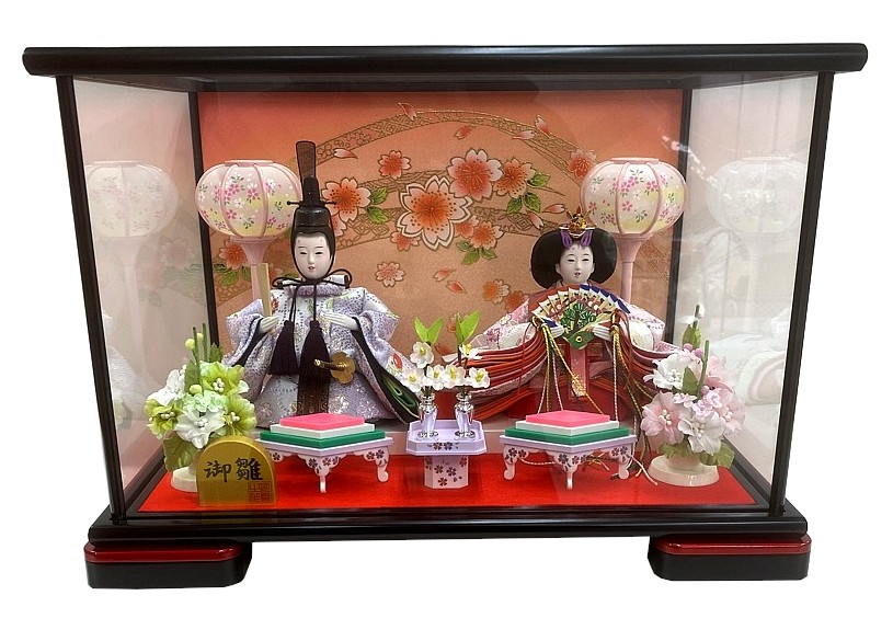 硝子ケース入り 雛人形 小芥子 ２人 幅38cm×奥28cm×高26cm