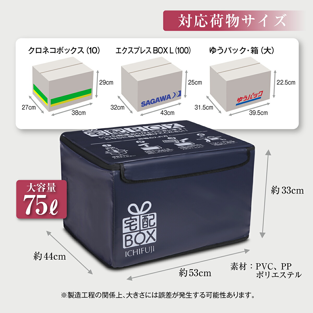 宅配ボックス 折りたたみ 大容量 ワイヤー付き 宅配BOX 75リットル （側面板あり）