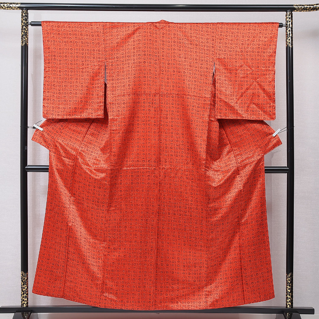 アンティーク 小紋 袷 身丈156cm 裄丈62cm 正絹 Aランク Mサイズ 広衿 花柄 朱系 1215-16765｜糸千花和装　店