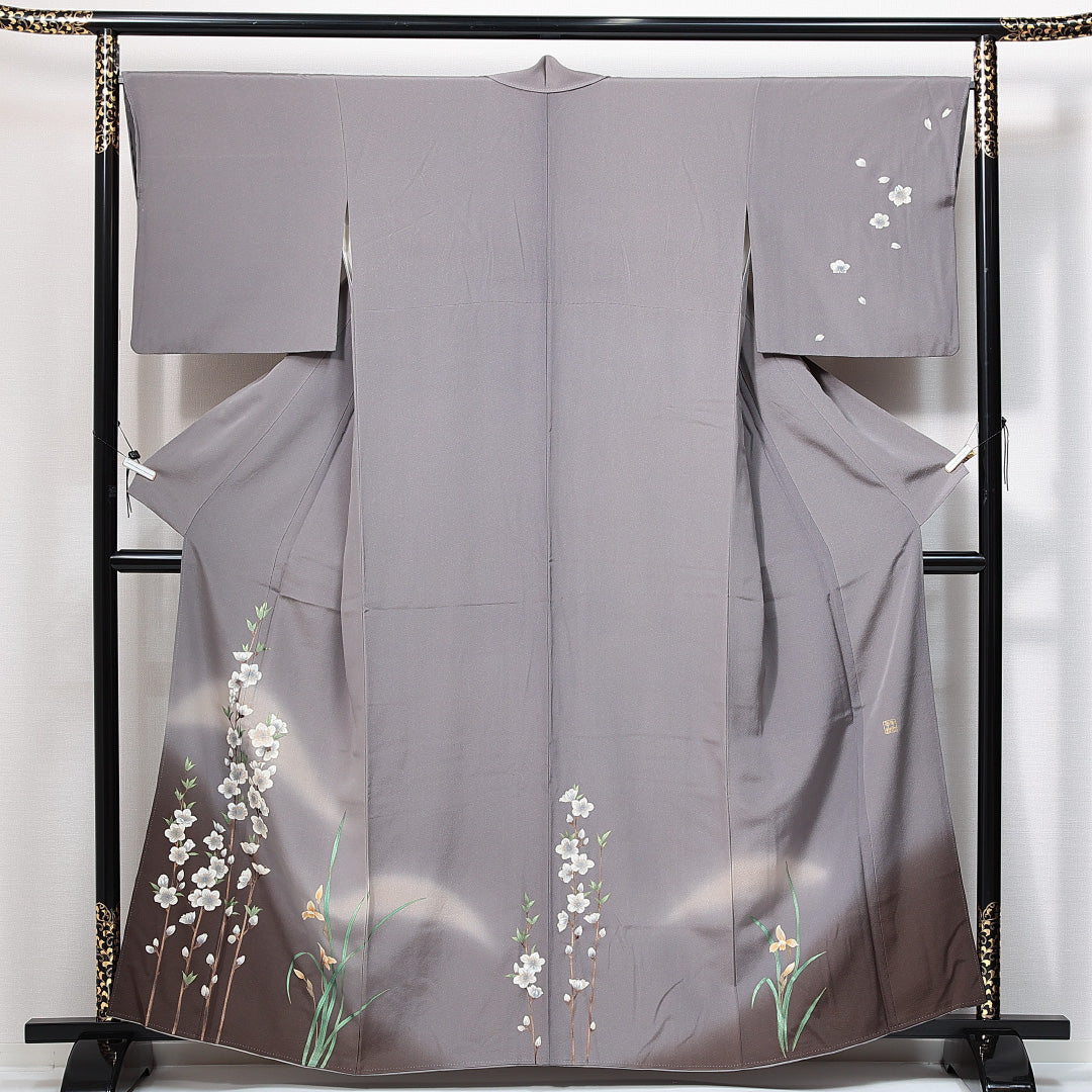 付下げ 袷 身丈159cm 裄丈65cm 正絹 Sランク Mサイズ 広衿 インフォーマル 梅 ぼかし染 作家物 落款 グレー系 1261-14889