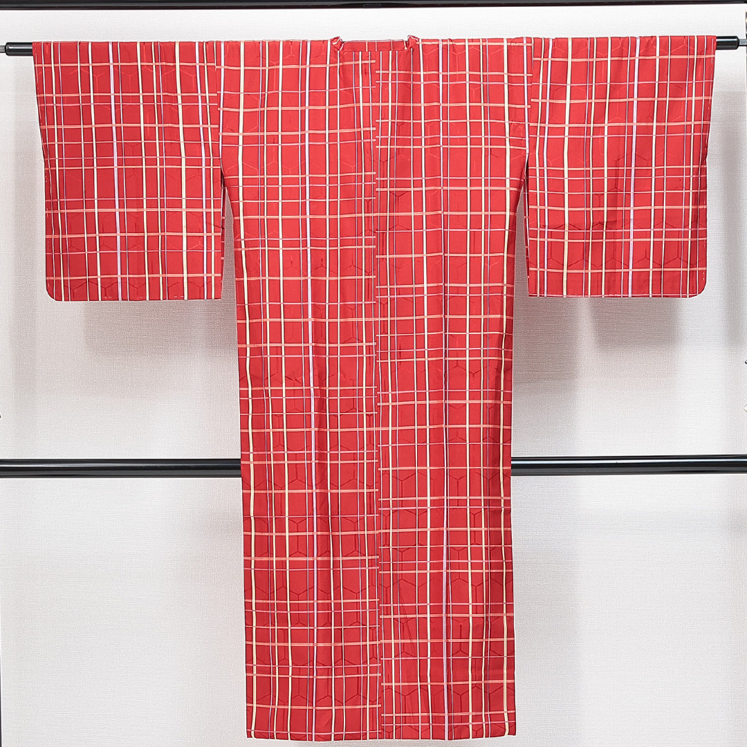 道行コート 袷 身丈128cm 裄丈62cm 正絹 Sランク Sサイズ インフォーマル ポケットあり 格子 赤系 1263-14838