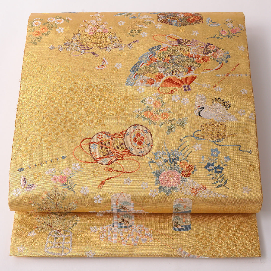 袋帯 帯丈432cm フォーマル 六通 Sランク 正絹 鶴 吉祥文様 宝尽くし 金系 1223-01743