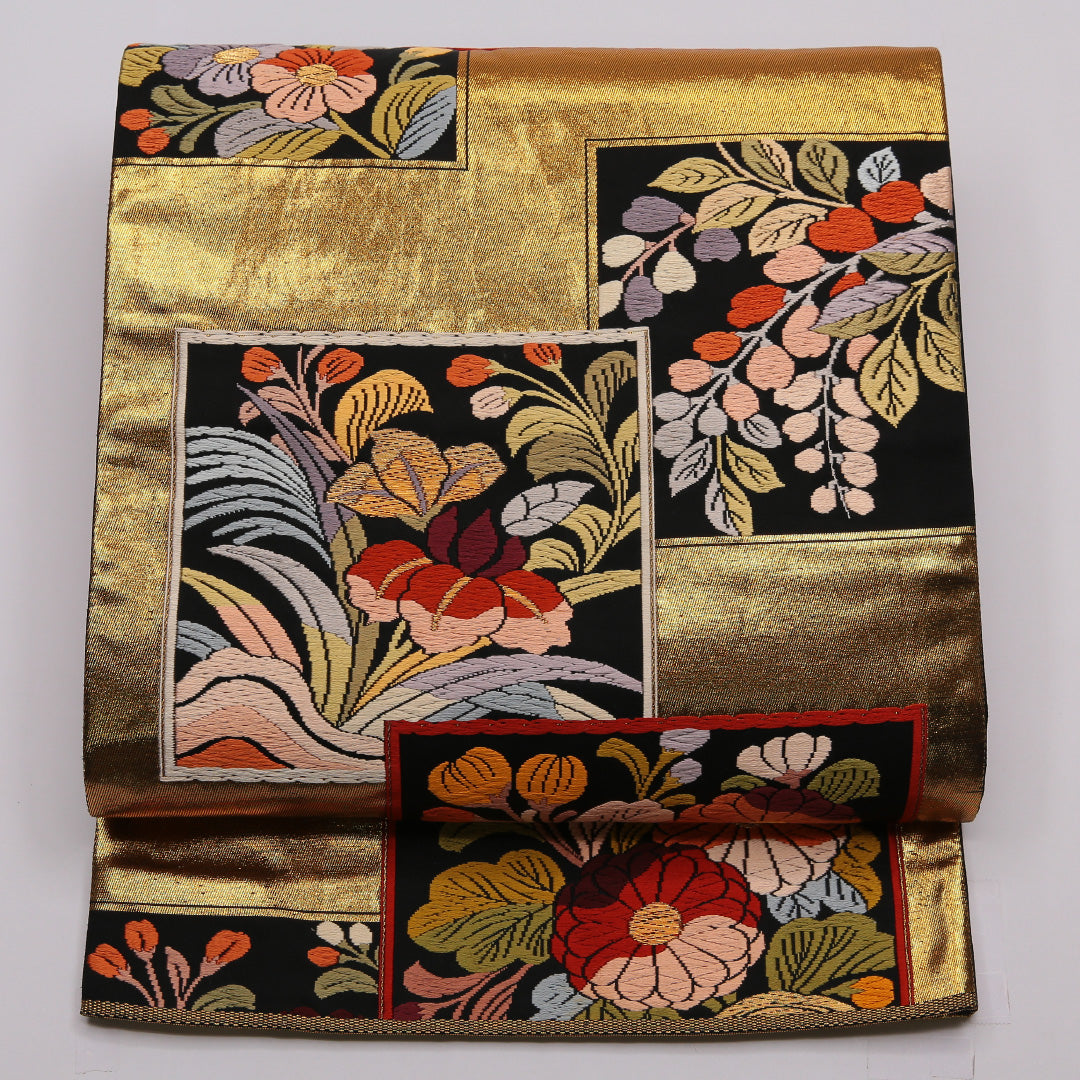 袋帯 帯丈432珊 全通 フォーマル S位置づける 正絹 花柄 花絵札 花ショウブ 名著的 晴れ晴れしい 金系 1223-01431