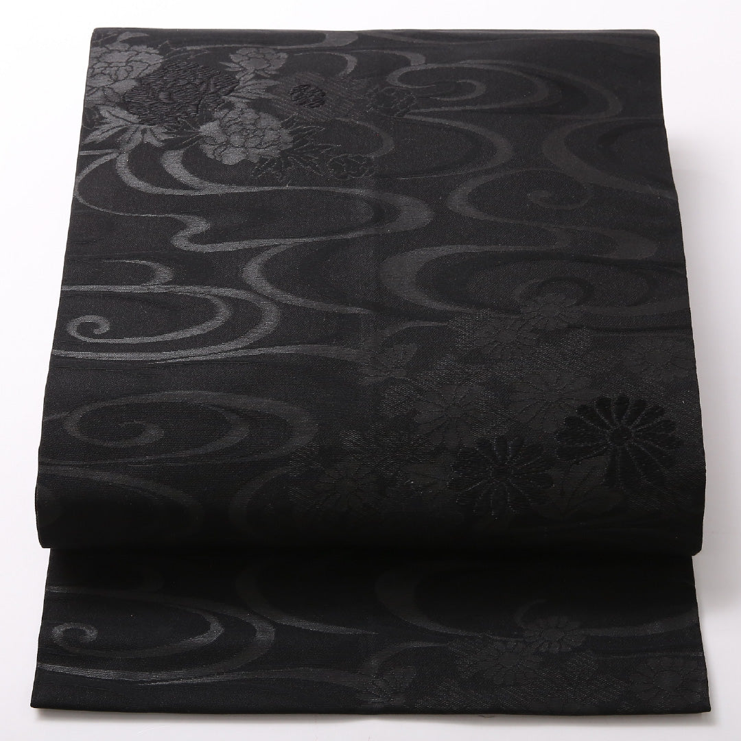 喪服帯 九寸 名古屋帯 帯丈352cm 名古屋仕立て 六通 Sランク 喪服帯 正絹 流水 菊 シック 厳か 黒系 1224-03137