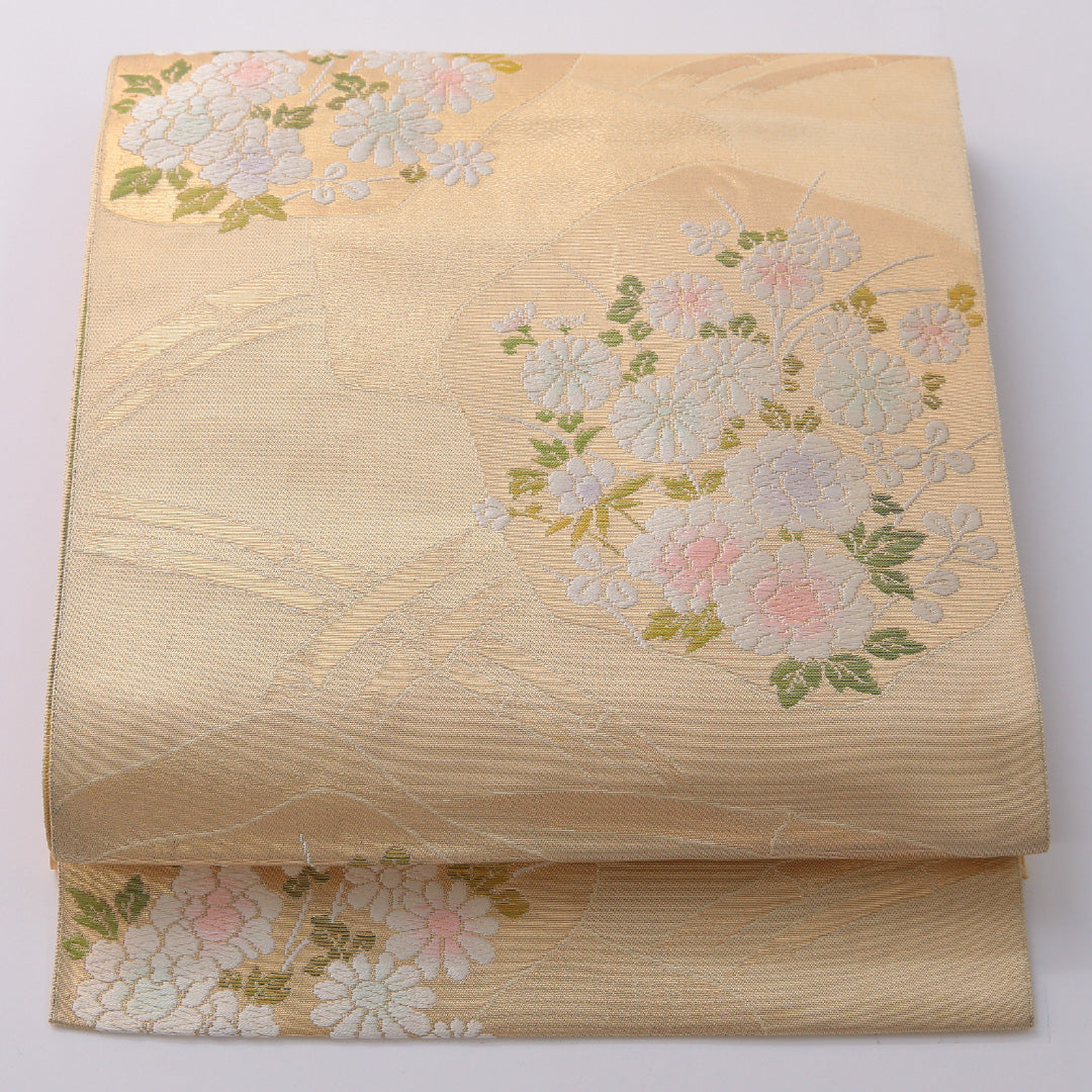 九寸名古屋帯 帯丈348cm セミフォーマル 名古屋仕立て 六通 Aランク 正絹 刺繍 菊 金系 1224-03230