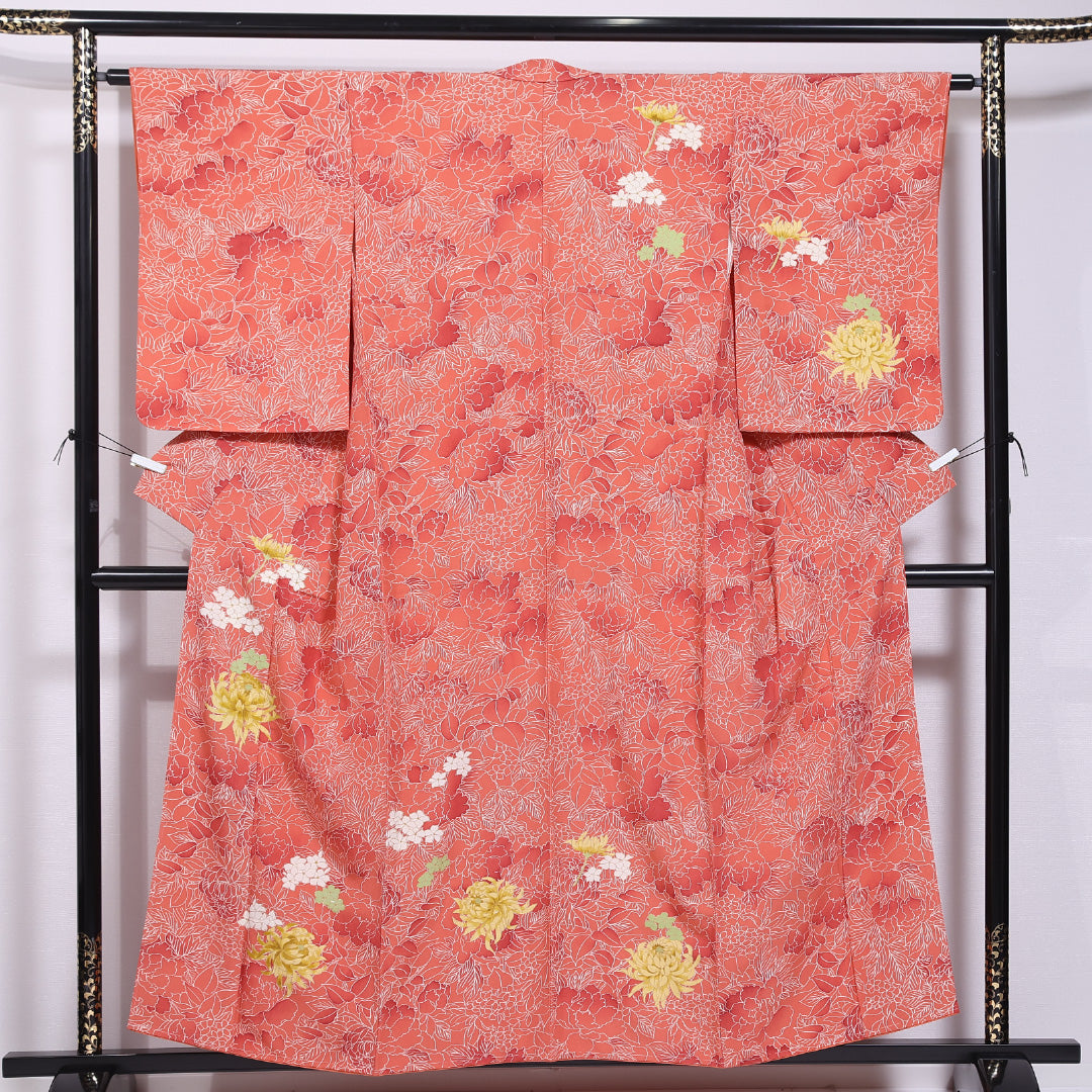 付下げ 身丈155cm 裄丈62cm M 正絹 Sランク 袷 広衿 菊 紫陽花 牡丹 1261-11646