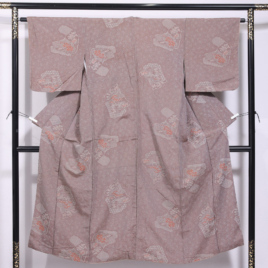 アンティーク お召 身丈149cm 裄丈63cm XS 正絹 Cランク 袷 広衿 牡丹 菖蒲 流水 1265-11666