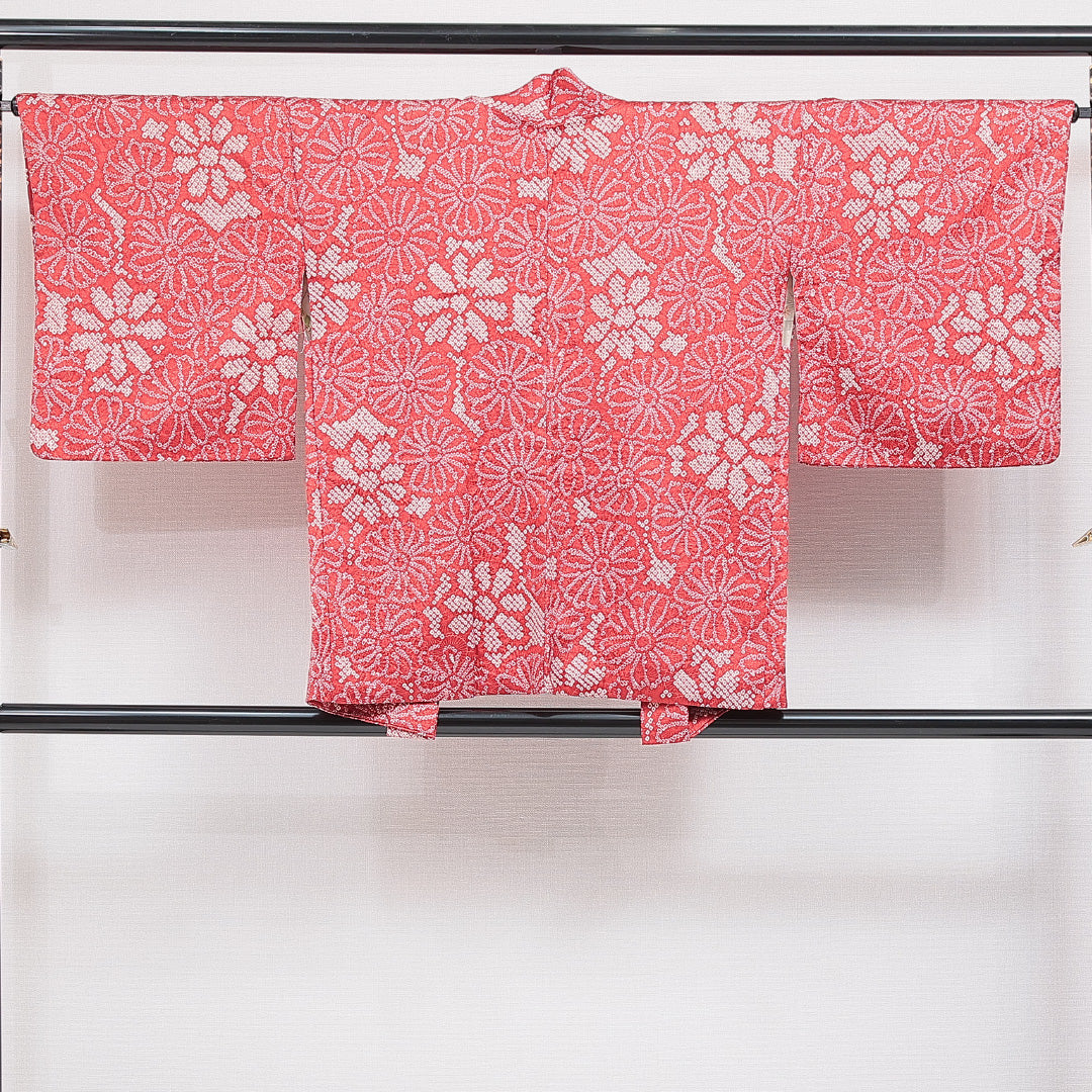 羽織（総絞り） 袷 身丈77cm 裄丈65cm 正絹 Aランク Mサイズ カジュアル 紐あり 菊 赤系 1217-16454