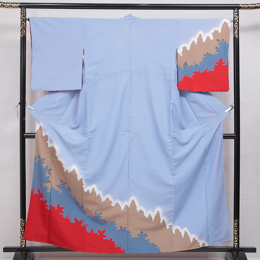 付下げ 洗える着物 袷 身丈159cm 裄丈65cm ポリエステル Bランク Mサイズ バチ衿 インフォーマル 山 水色系 1261-16400